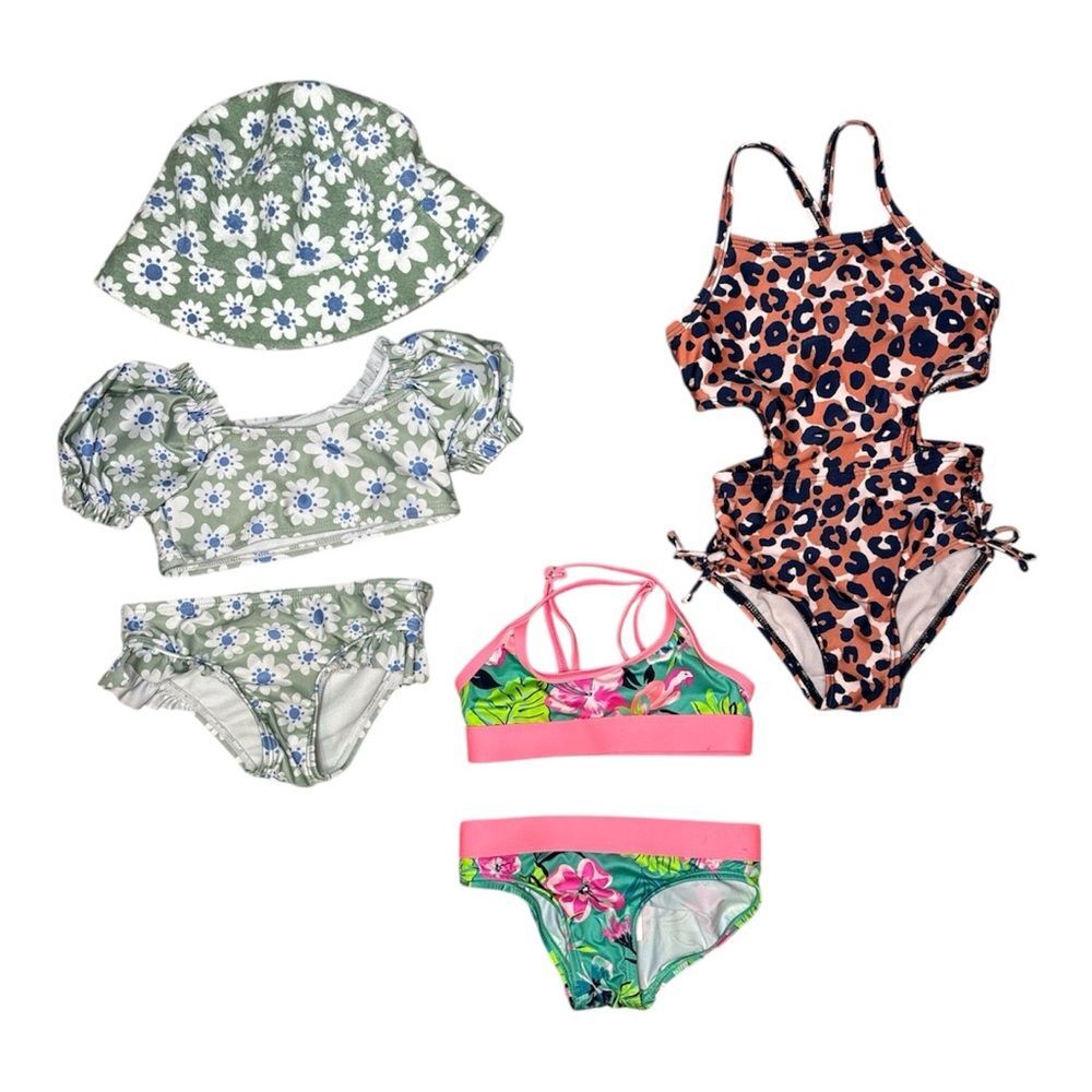 Girls Swimsuit Bundle (3 Sets + Hat) | Tropical Leopard Floral Summer Swim Lot